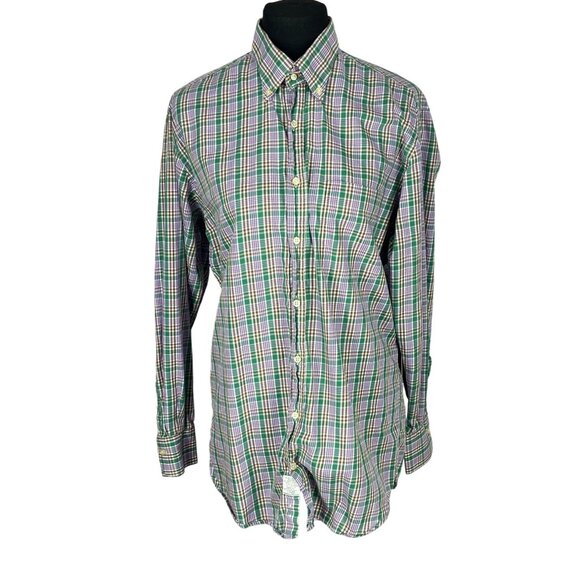 Peter Millar Mens Green Purple Plaid Button-Up Shirt Medium 100% Cotton Long Sle - Picture 1 of 9